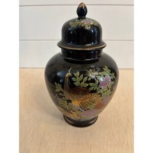 Interpur Japan Peacock & Flowers Porcelain Ginger Jar Vase Black W/Gold Trim 8”